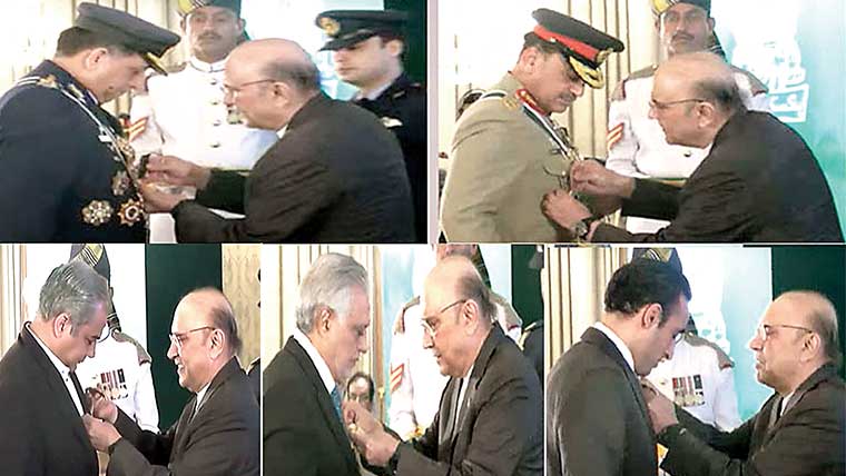 معرکہ حق میں فتح پر وفاقی وزرا،ائیر چیف اور بھارت کو ناکوں چنے چبوانے والے فضائیہ کے آٹھ جانبازوں کو بھی اعزازات سے نوازا گیا:فیلڈ مارشل کیلئے ہلال جرات ایوارڈ