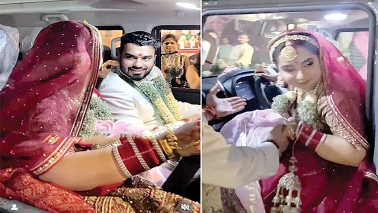 دلہن کی رخصتی کے وقت عروسی لہنگے میں ڈرائیونگ 