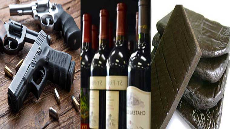 9ملزمان سے 2 کلو سے زائد  چرس، شراب اور اسلحہ برآمد