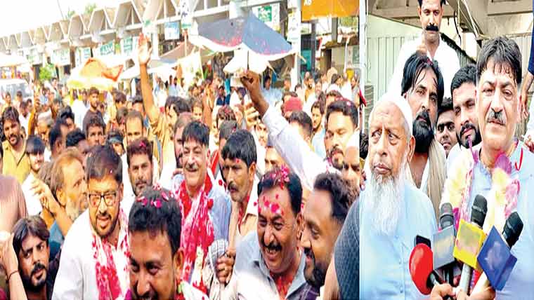مرکزی فروٹ و سبزی منڈی میں بلا  مقابلہ منتخب ہونے والے قیصر مشتاق  کی منڈی آمد پر شانداراستقبال 