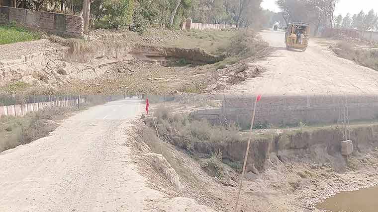  سیلاب سے مڈھ رانجھا روڈ پر80فٹ گہراشگاف،عارضی مرمت 