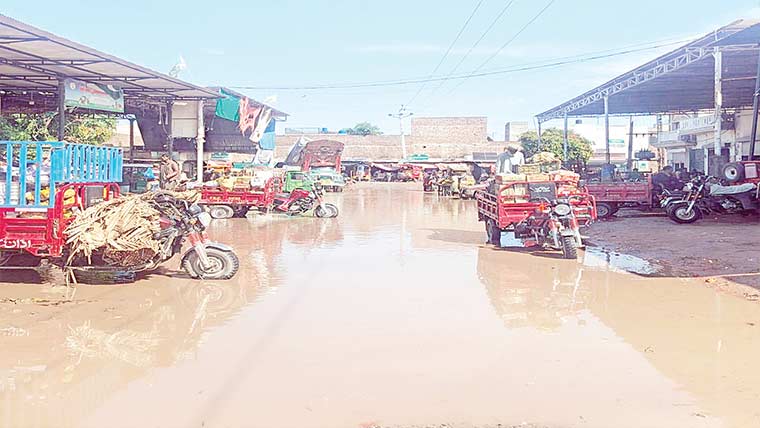 بارش سے سبزی منڈی پھالیہ پانی میں ڈوب گئی