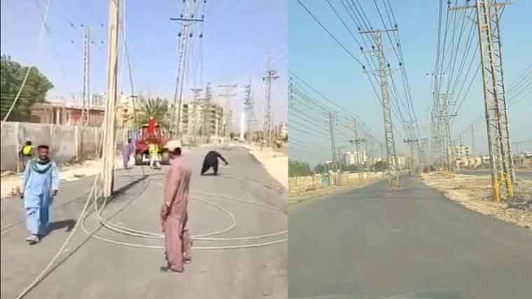 حیدر آباد میں انوکھا کارنامہ بغیر کھمبے ہٹائے سڑک بنادی 