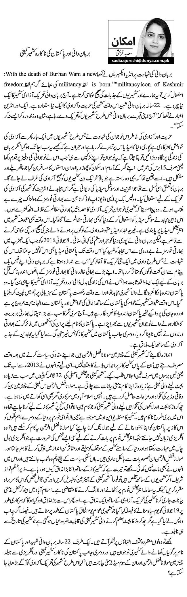 برہان وانی اور پاکستان کی ناکارہ کشمیر کمیٹی   