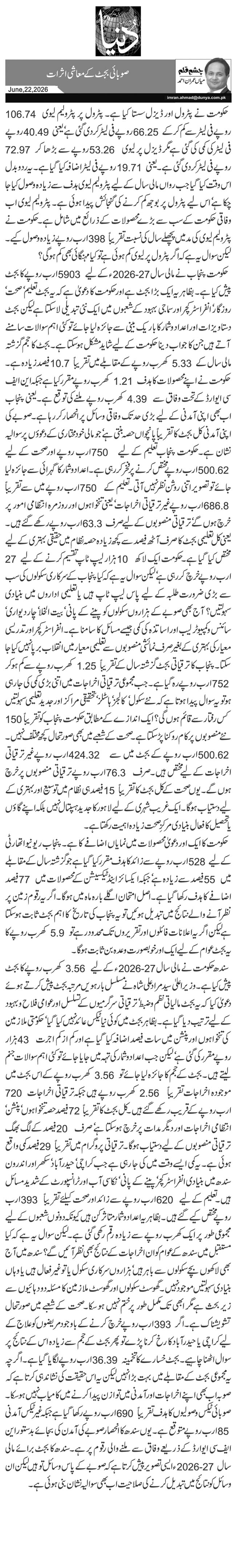صوبائی بجٹ کے معاشی اثرات
